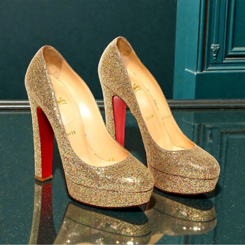 Christian Louboutin Bibi 140‎ Glitter York Platform Pumps 37.5 Heel High Shine